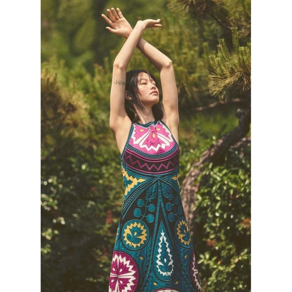 Sea New York Gael Embroidered Midi Dress Teal Purple Cotton Flax Floral 10